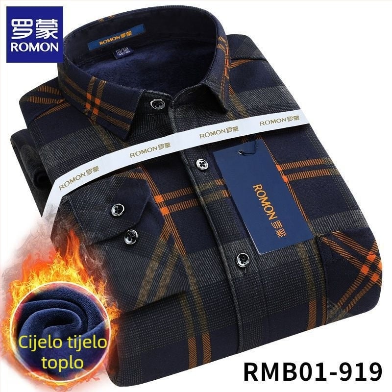 Romon muška zimska topla košulja s dugim rukavima, karirani uzorak, široka silueta, izvezeni detalji