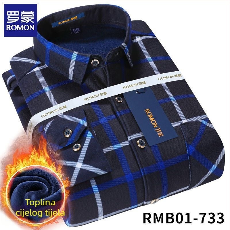 Romon muška zimska topla košulja s dugim rukavima, karirani uzorak, široka silueta, izvezeni detalji