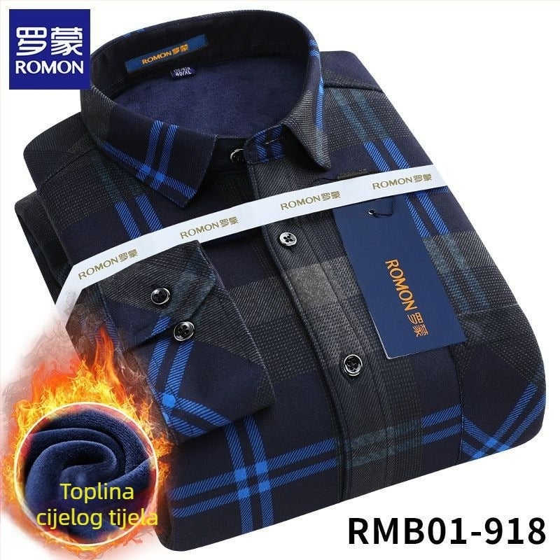 Romon muška zimska topla košulja s dugim rukavima, karirani uzorak, široka silueta, izvezeni detalji