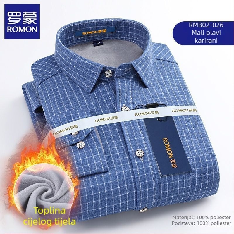 Romon muška zimska topla košulja s dugim rukavima, karirani uzorak, široka silueta, izvezeni detalji