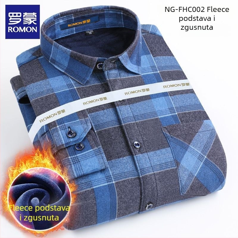 Romon muška zimska topla košulja s dugim rukavima, karirani uzorak, široka silueta, izvezeni detalji