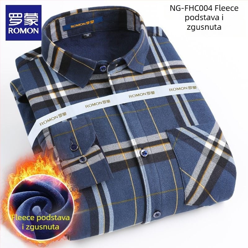 Romon muška zimska topla košulja s dugim rukavima, karirani uzorak, široka silueta, izvezeni detalji