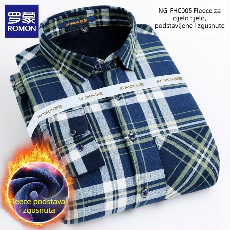 Romon muška zimska topla košulja s dugim rukavima, karirani uzorak, široka silueta, izvezeni detalji