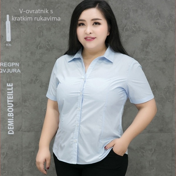 Bluza s V-izrezom, kratki rukavi, jednobojna, poliester-pamučna smjesa, poslovni stil