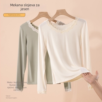 Ženski termalni bazni top s čipkastim rubom, ultra-tanka viskoza s modalnim podom, okrugli izrez, pulover, uski kroj