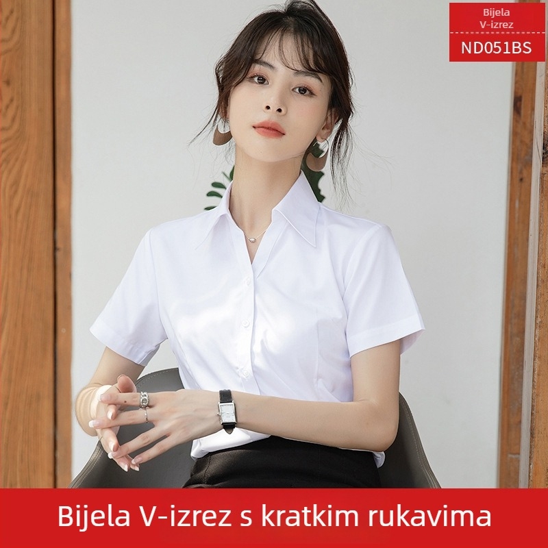 Ženska košulja s dugim rukavima, V-izrez, jednobojna, pamuk-poliester smjesa, uski kroj