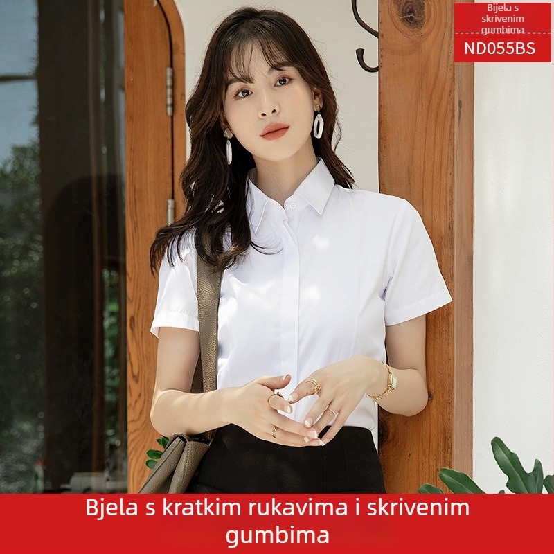 Ženska košulja s dugim rukavima, V-izrez, jednobojna, pamuk-poliester smjesa, uski kroj