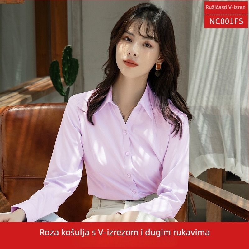 Ženska košulja s dugim rukavima, V-izrez, jednobojna, pamuk-poliester smjesa, uski kroj