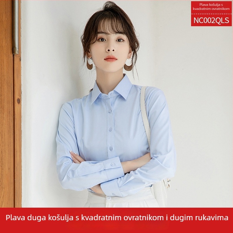 Ženska košulja s dugim rukavima, V-izrez, jednobojna, pamuk-poliester smjesa, uski kroj