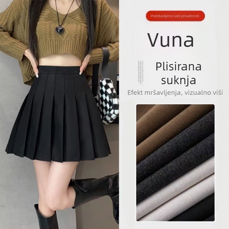 Jesenskozimska debela vunena plisirana suknja s visokim strukom, A-linija, plus veličina, za nisku visinu, JK stil