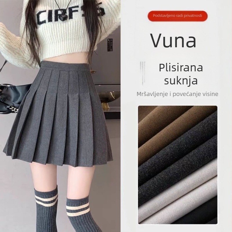 Jesenskozimska debela vunena plisirana suknja s visokim strukom, A-linija, plus veličina, za nisku visinu, JK stil