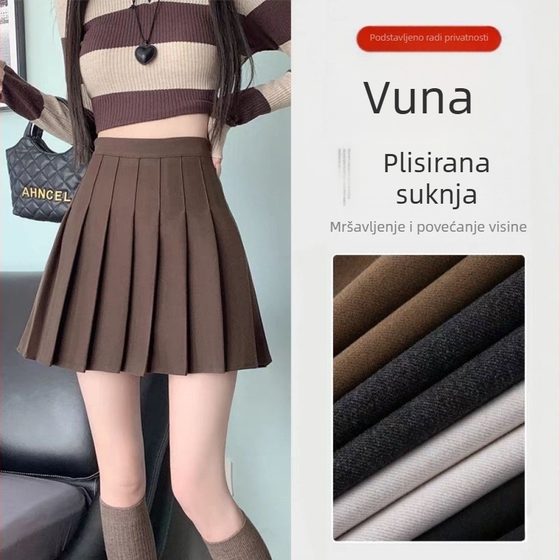 Jesenskozimska debela vunena plisirana suknja s visokim strukom, A-linija, plus veličina, za nisku visinu, JK stil