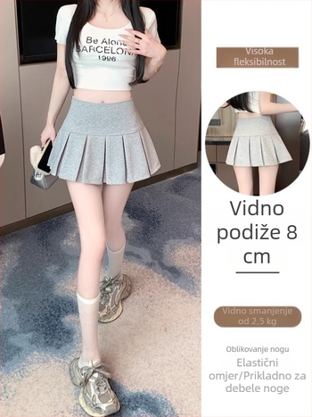 Visokim pojasom plisirana kratka polutijela suknja, A-kroj u obliku kruške, poliester, otporna na nabiranje, srednja elastičnost