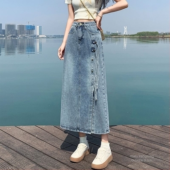 Ženska suknja u denimu, srednje duljine, mješavina pamuka, širi siluetu, jesen 2024