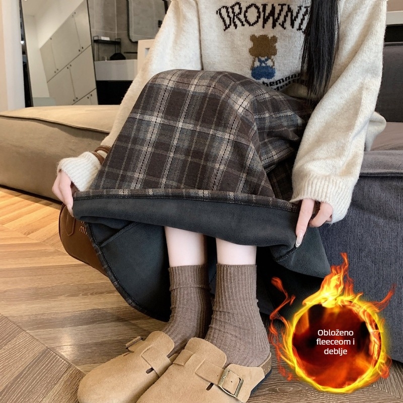 Duga vunena suknja s kariranim uzorkom, široka A-linija, poliester-elastan smjesa (elastan <30%), rastezljiva, jesen 2025