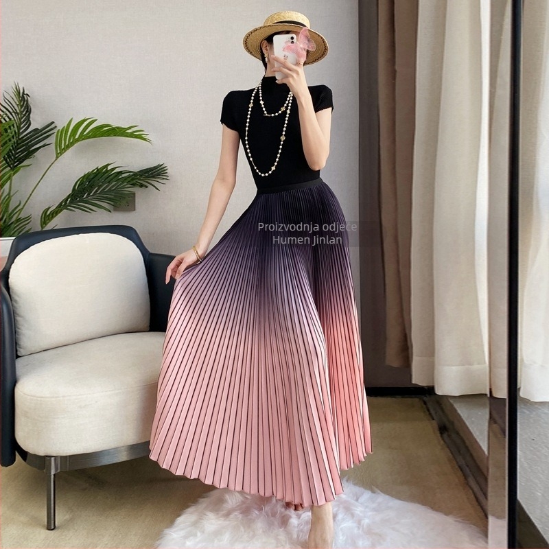 Plisirana suknja od poliestera – duga, proljeće 2023, japansko-korejski ležerni stil