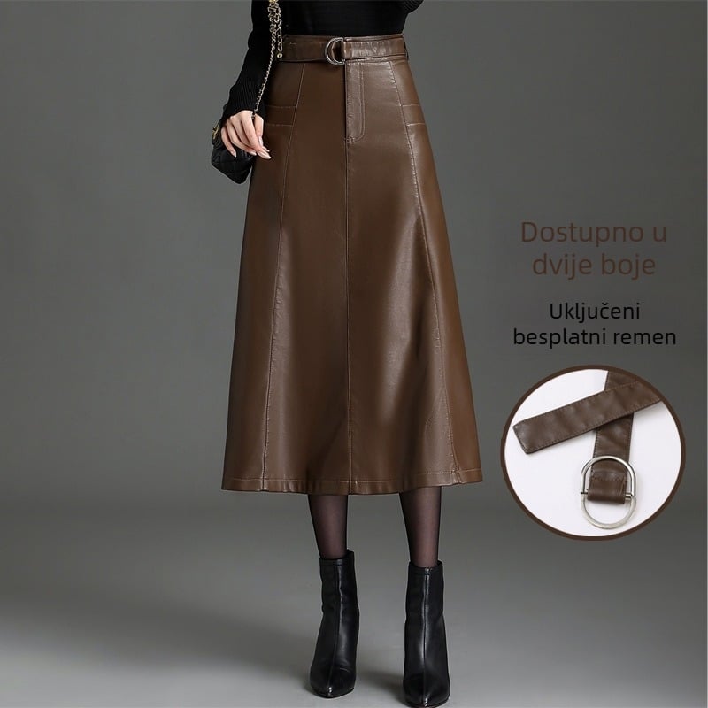 PU koža suknja s A-linijom, duga, mikroelastičnost, jednobojni uzorak
