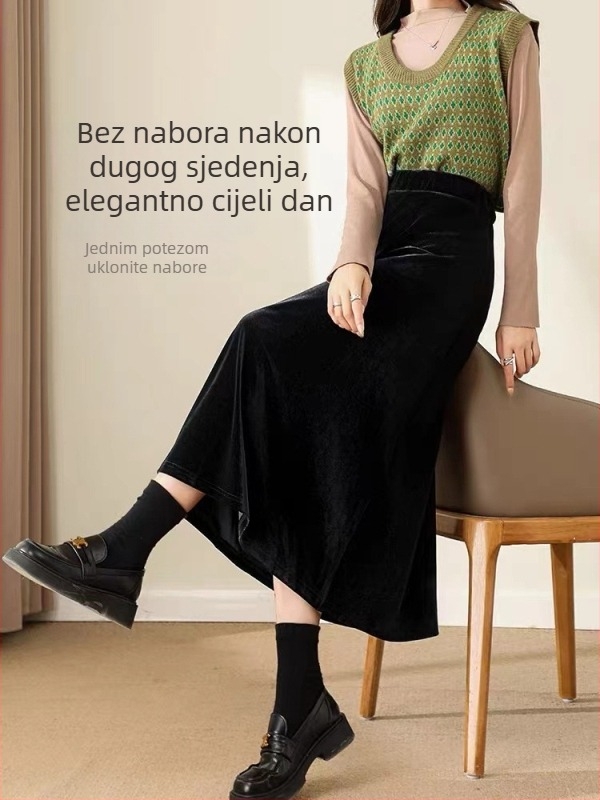 Crna baršunasta midi suknja za proleće, vintage A-kroj, velika veličina, bočni prorez, srednja duljina, silueta sirene