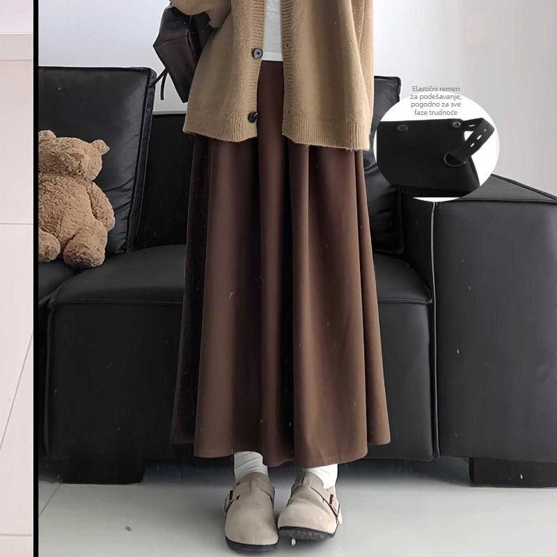 Trudnička suknja s podrškom za trbuh, silueta kišobran, poliester 70–80%, jesen 2025