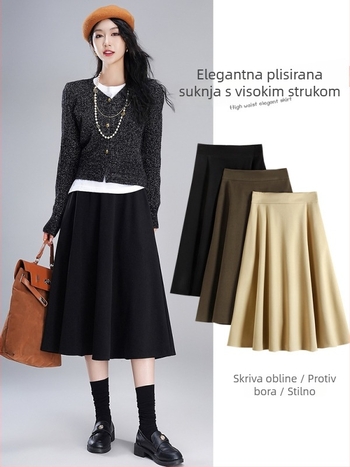 Vunena suknja u Hepburn stilu, A-linija, visok pas, srednja duljina