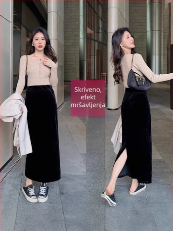 Baršunasta Bodycon suknja s visokim strukom, duga, s prorezom, poliester