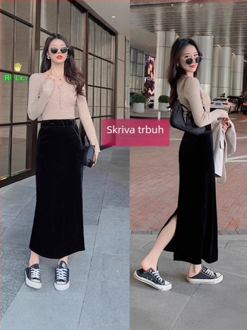 Baršunasta Bodycon suknja s visokim strukom, duga, s prorezom, poliester