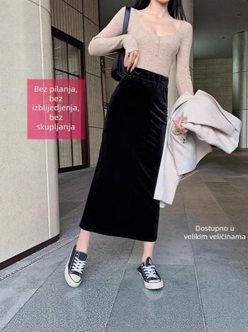 Baršunasta Bodycon suknja s visokim strukom, duga, s prorezom, poliester