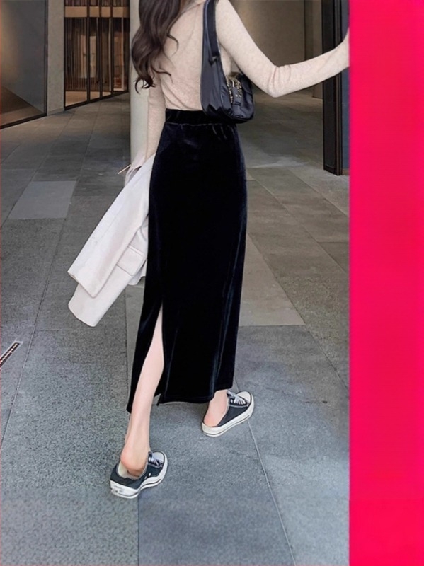 Baršunasta Bodycon suknja s visokim strukom, duga, s prorezom, poliester