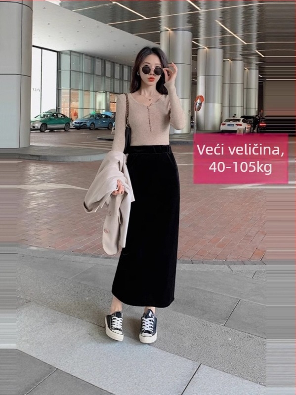 Baršunasta Bodycon suknja s visokim strukom, duga, s prorezom, poliester