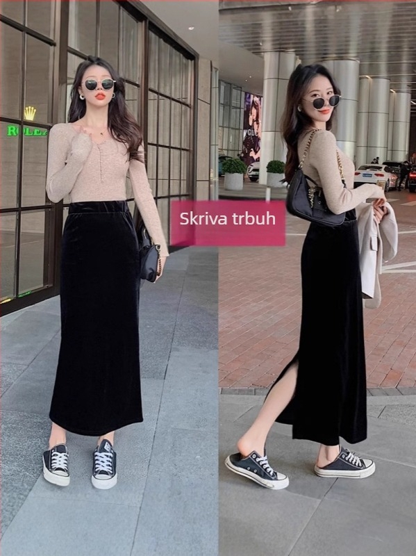 Baršunasta Bodycon suknja s visokim strukom, duga, s prorezom, poliester