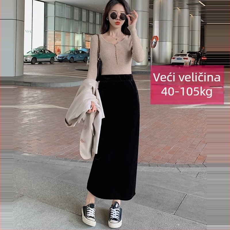 Baršunasta Bodycon suknja s visokim strukom, duga, s prorezom, poliester