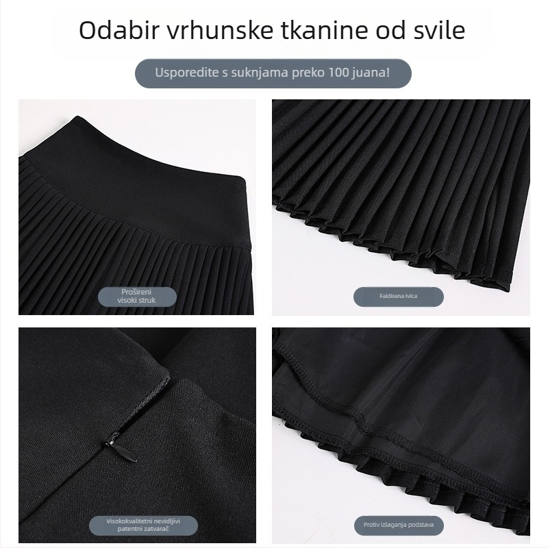 Suknja, plisirana, A-linija, visokim strukom, elastična (Ljeto 2025, poliester tkanina 90–95%, kratka duljina)