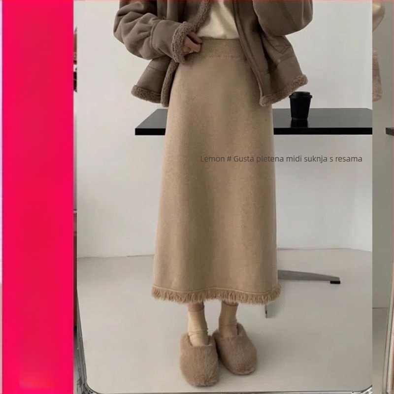 Pleteni suknja s resicama, A-linija, midi dužina, vunena tkanina, stil Royal Sister