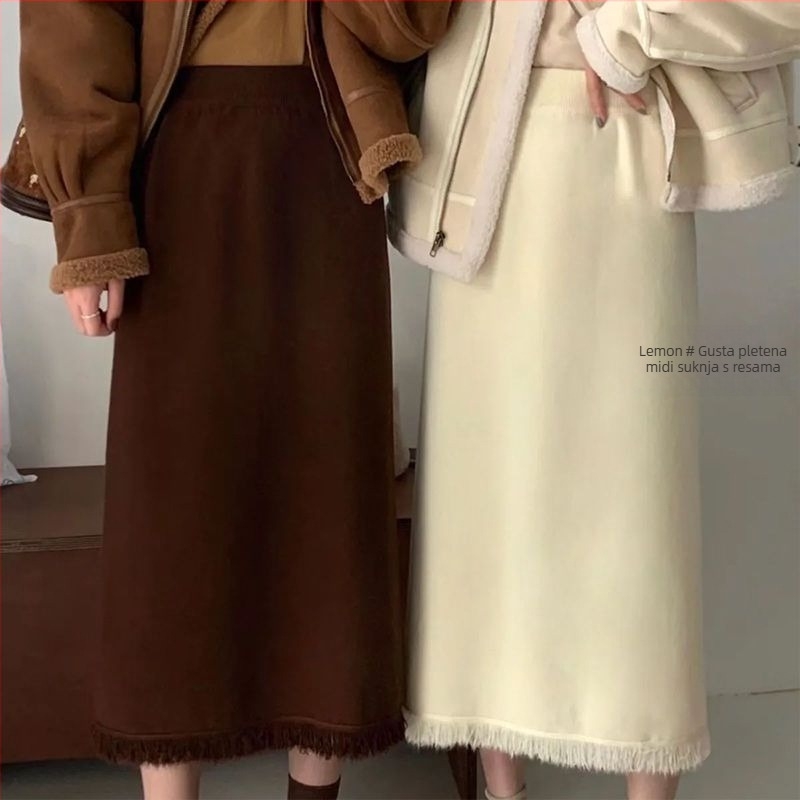 Pleteni suknja s resicama, A-linija, midi dužina, vunena tkanina, stil Royal Sister