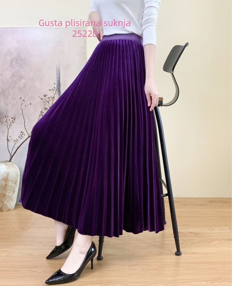 Zamatna plisirana dugačka suknja, Mercerizirana, vuneno-spandeks smjesa, uzorak 20213, zima 2025