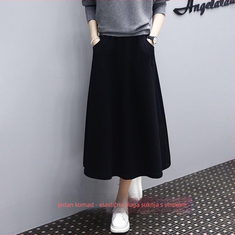 Ženski pleteni dvodijelni set, proljeće–jesen 2024, elegantan opušten kroj, plus veličina, pulover i duga suknja, trend.