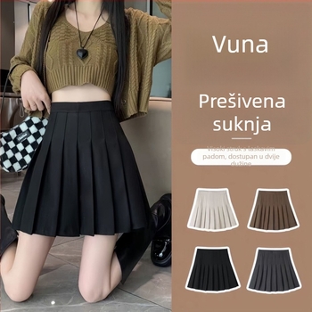 Plisirana vunena suknja, visoki pojas i A-linija, 95% poliester, naborita tekstura, fakultetski stil