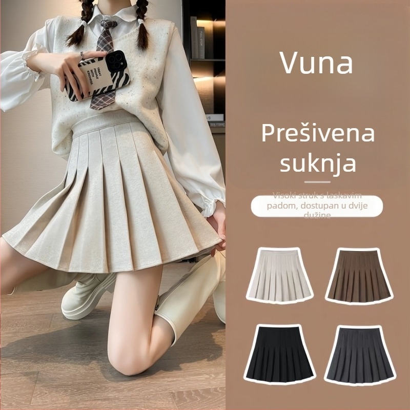 Plisirana vunena suknja, visoki pojas i A-linija, 95% poliester, naborita tekstura, fakultetski stil