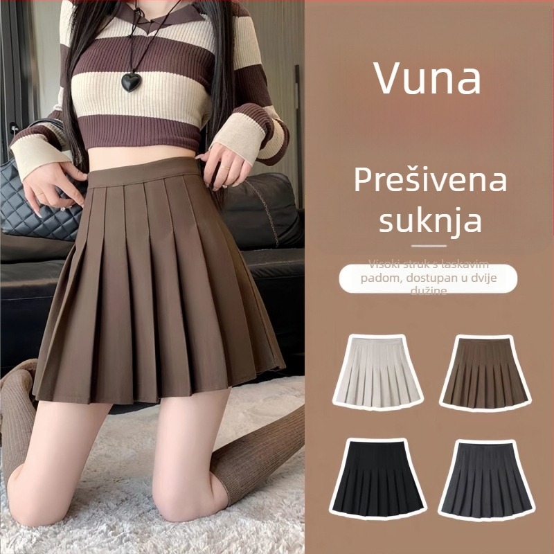 Plisirana vunena suknja, visoki pojas i A-linija, 95% poliester, naborita tekstura, fakultetski stil