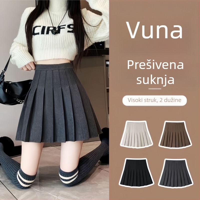 Plisirana vunena suknja, visoki pojas i A-linija, 95% poliester, naborita tekstura, fakultetski stil