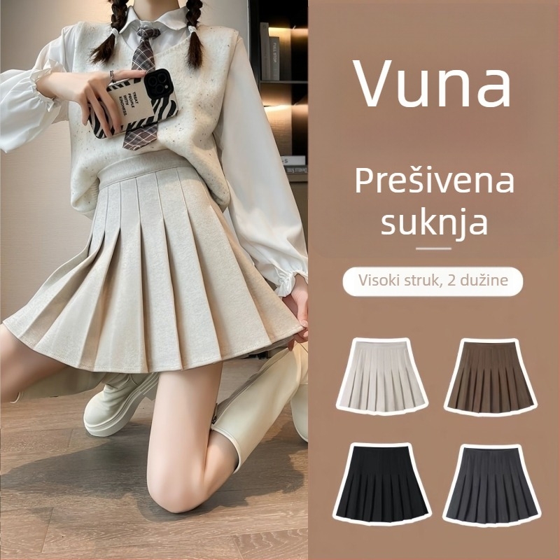 Plisirana vunena suknja, visoki pojas i A-linija, 95% poliester, naborita tekstura, fakultetski stil