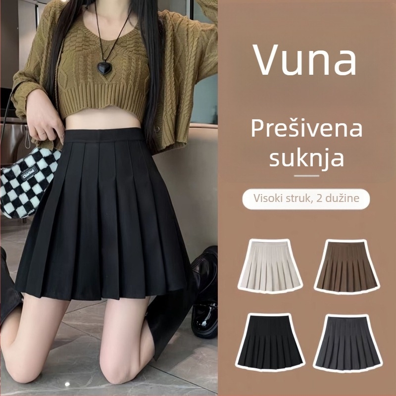 Plisirana vunena suknja, visoki pojas i A-linija, 95% poliester, naborita tekstura, fakultetski stil