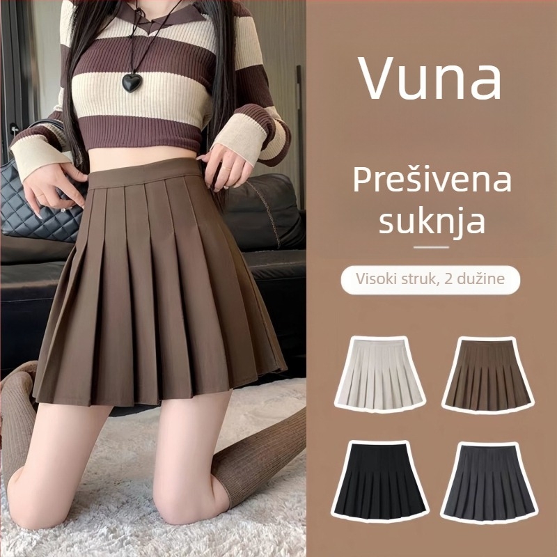 Plisirana vunena suknja, visoki pojas i A-linija, 95% poliester, naborita tekstura, fakultetski stil