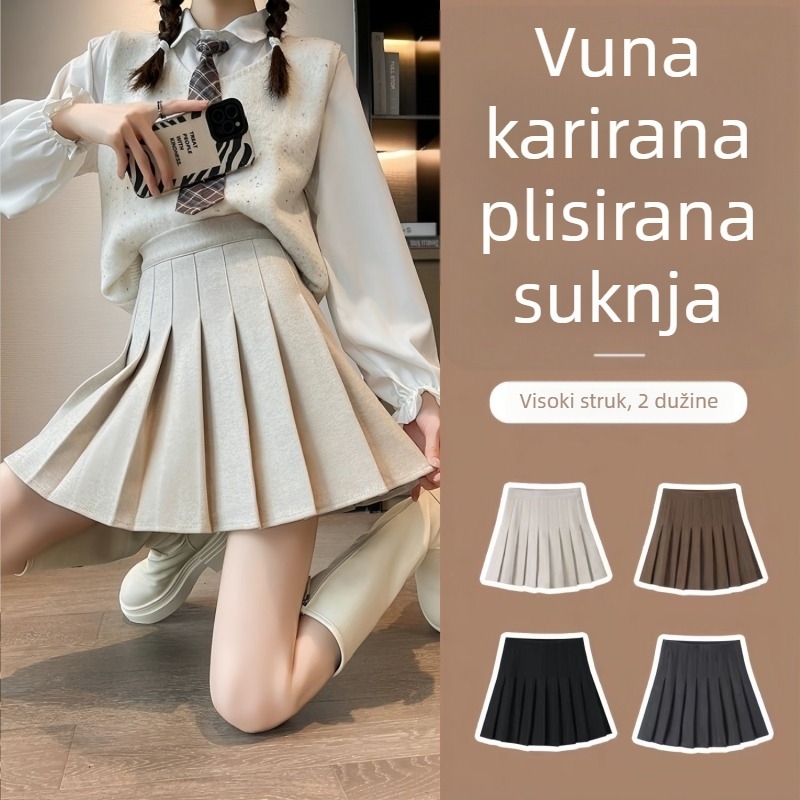 Plisirana vunena suknja, visoki pojas i A-linija, 95% poliester, naborita tekstura, fakultetski stil