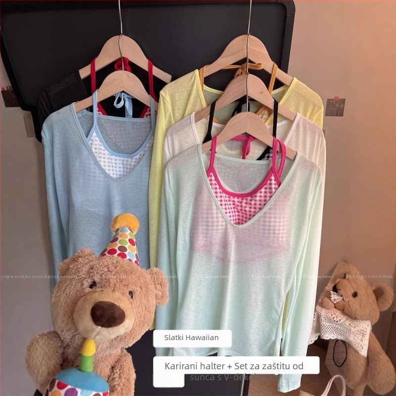 Ženski ljetni dvodijelni set za zaštitu od sunca – poliester, slobodan kroj, dugi rukavi, srednja duljina (65-80 cm)