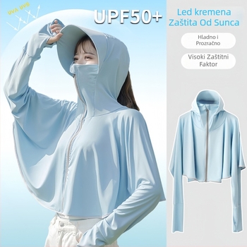 Ženski top za zaštitu od sunca s dugim rukavima, brzo sušenje, poliester ice silk, kapuljača, svjež i sladak stil, ljeto 2024