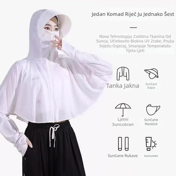 Ženski top za zaštitu od sunca s dugim rukavima, brzo sušenje, poliester ice silk, kapuljača, svjež i sladak stil, ljeto 2024