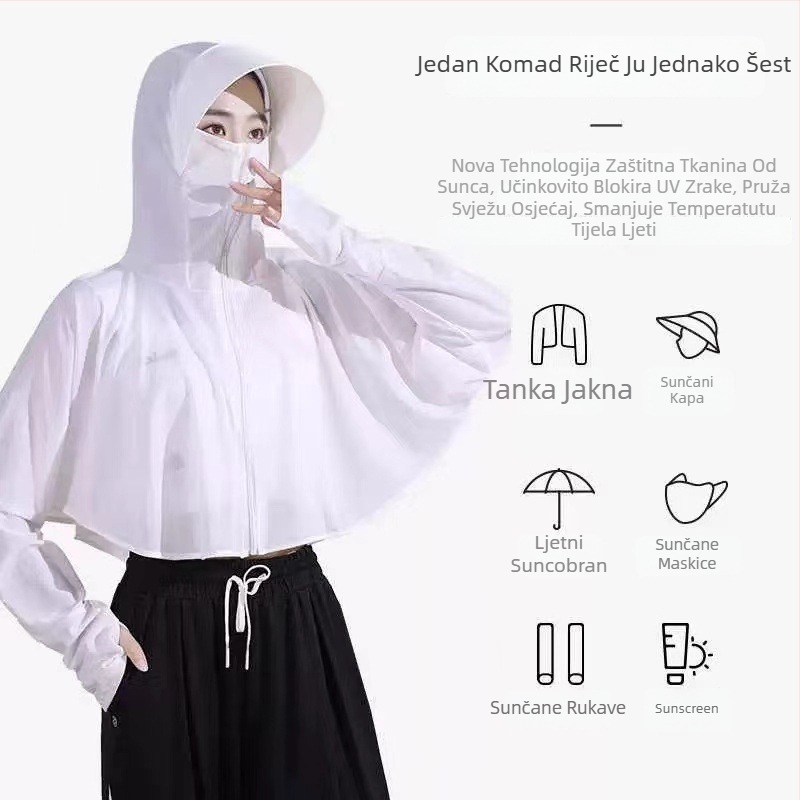Ženski top za zaštitu od sunca s dugim rukavima, brzo sušenje, poliester ice silk, kapuljača, svjež i sladak stil, ljeto 2024