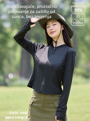 Ženski top od ice silk s UV zaštitom, uski kroj, dugi rukav sa zipom, ljeto 2024