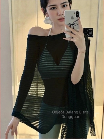 Ženski prozirni pleteni top, slim fit, viskozno–poliesterska smjesa, UPF 30+, kratka duljina